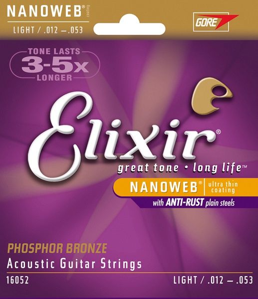 Струны для акустической гитары Elixir Nanoweb 16052 Light, фосфорная бронза