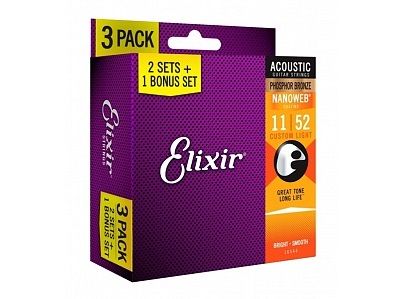 Elixir 16544 NANOWEB струны для акустической гитары, 3 комплекта, Custom Light, фосф. бронза, 11-52